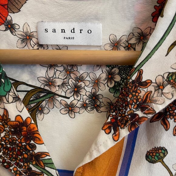Sandro Women's Silk Floral Print Short Sleeved Button Down - Picture 9 of 11